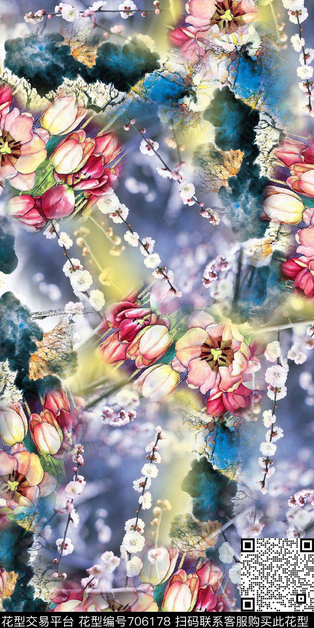 绚丽抽象小花手绘数码印花华亿平台下载（图片编号: 706178） - 瓦栏（Walan）