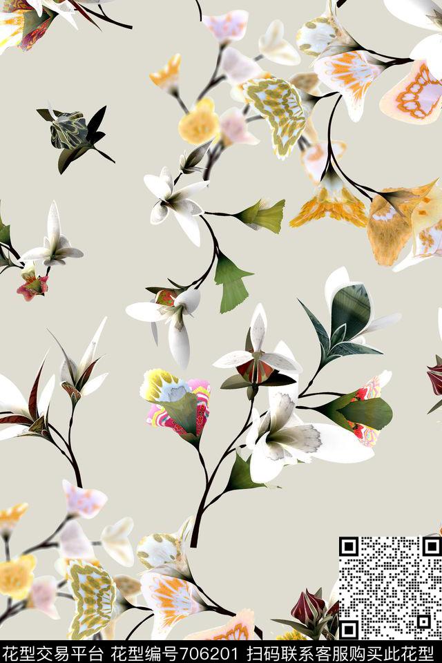 花卉纸片花抽象数码印花华亿平台下载（图片编号: 706201） - 瓦栏（Walan）