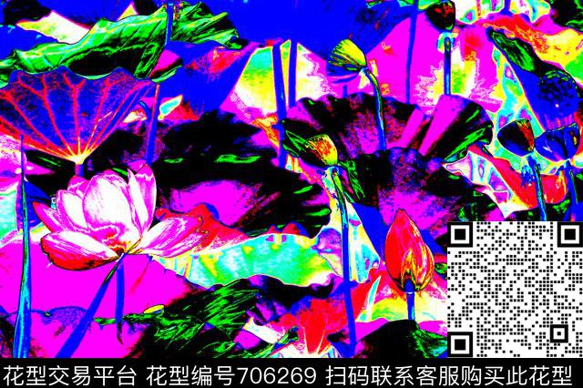 炫彩花卉荷花数码印花华亿平台下载（图片编号: 706269） - 瓦栏（Walan）