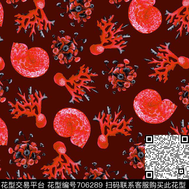 沙滩贝壳蜗牛热带珊瑚数码印花华亿平台下载（图片编号: 706289） - 瓦栏（Walan）