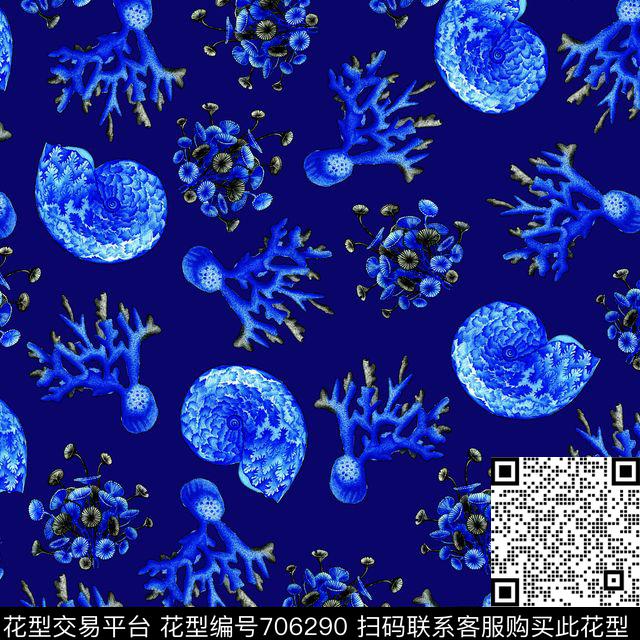 沙滩贝壳蜗牛热带珊瑚数码印花华亿平台下载（图片编号: 706290） - 瓦栏（Walan）