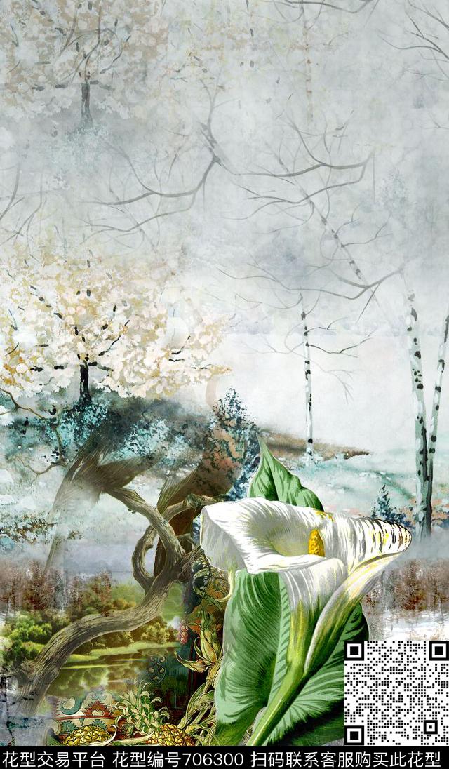 欧式风景马蹄莲数码印花华亿平台下载（图片编号: 706300） - 瓦栏（Walan）