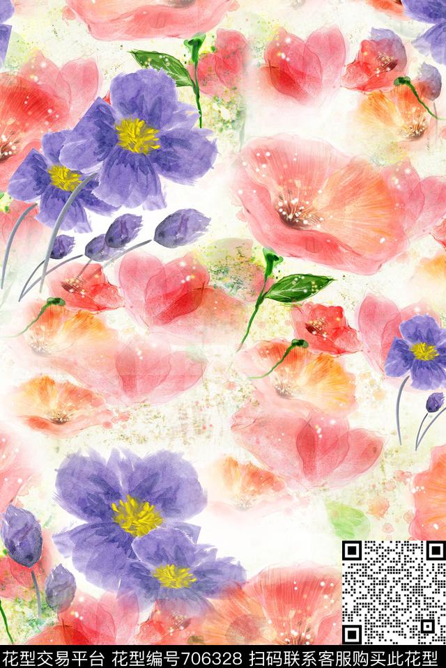 花朵手绘彩色数码印花华亿平台下载（图片编号: 706328） - 瓦栏（Walan）