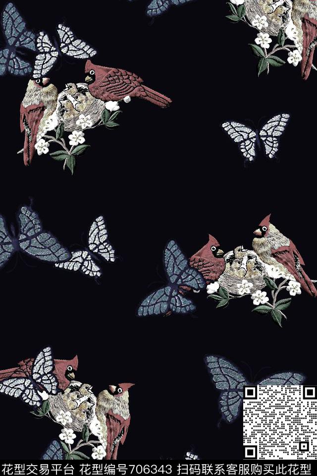 抽象手绘满版刺绣蝴蝶最新高清数码花鸟数码印花华亿平台下载（图片编号: 706343） - 瓦栏（Walan）