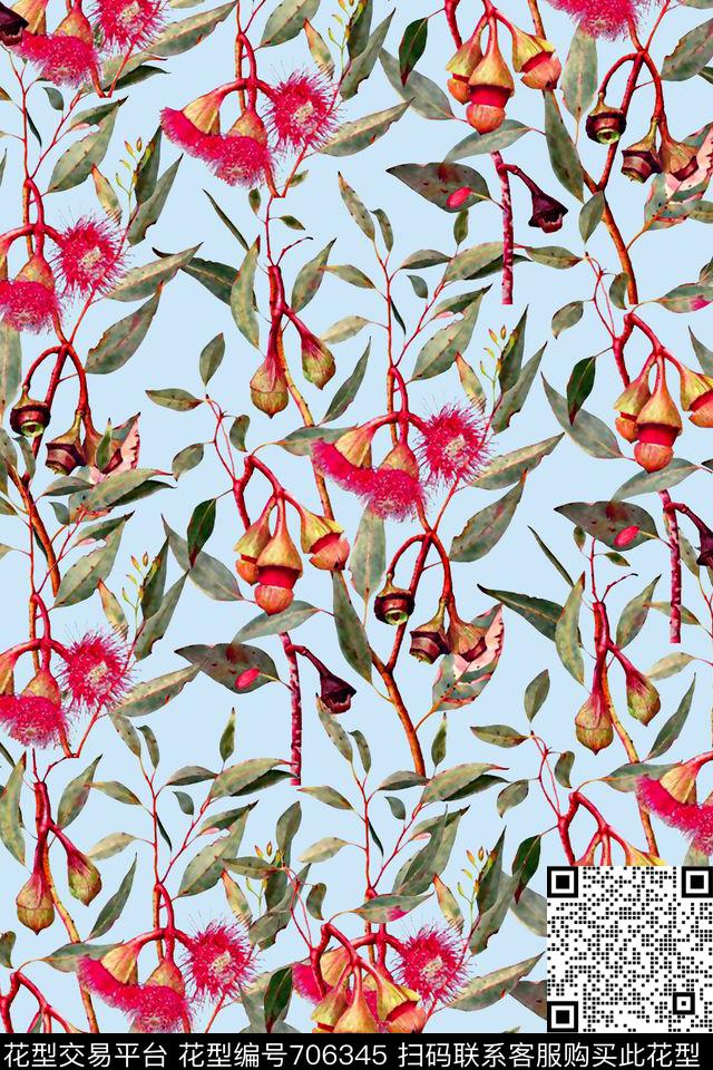 抽象手绘满版花卉树叶树枝数码印花华亿平台下载（图片编号: 706345） - 瓦栏（Walan）