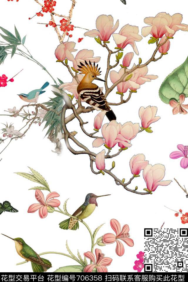 花鸟花卉蝴蝶数码印花华亿平台下载（图片编号: 706358） - 瓦栏（Walan）