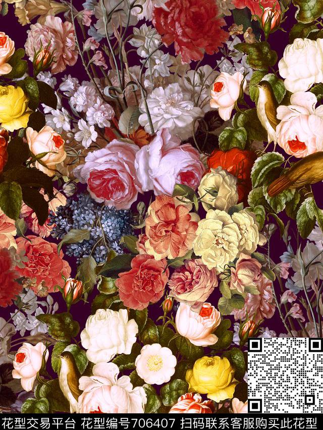 繁花似锦油画花卉花鸟数码印花华亿平台下载（图片编号: 706407） - 瓦栏（Walan）
