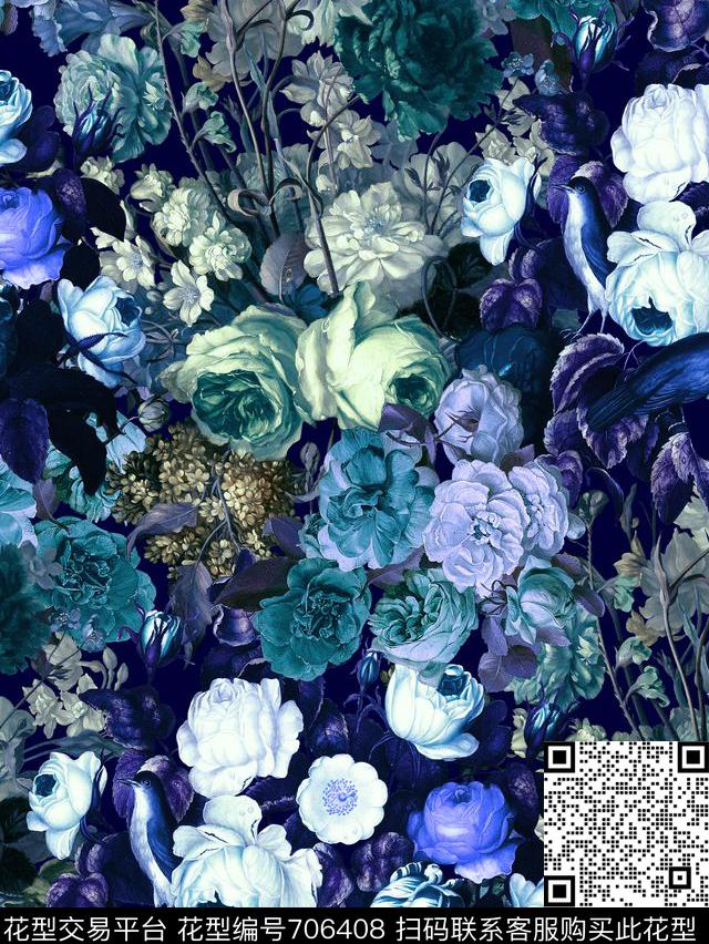 繁花似锦油画花卉花鸟数码印花华亿平台下载（图片编号: 706408） - 瓦栏（Walan）