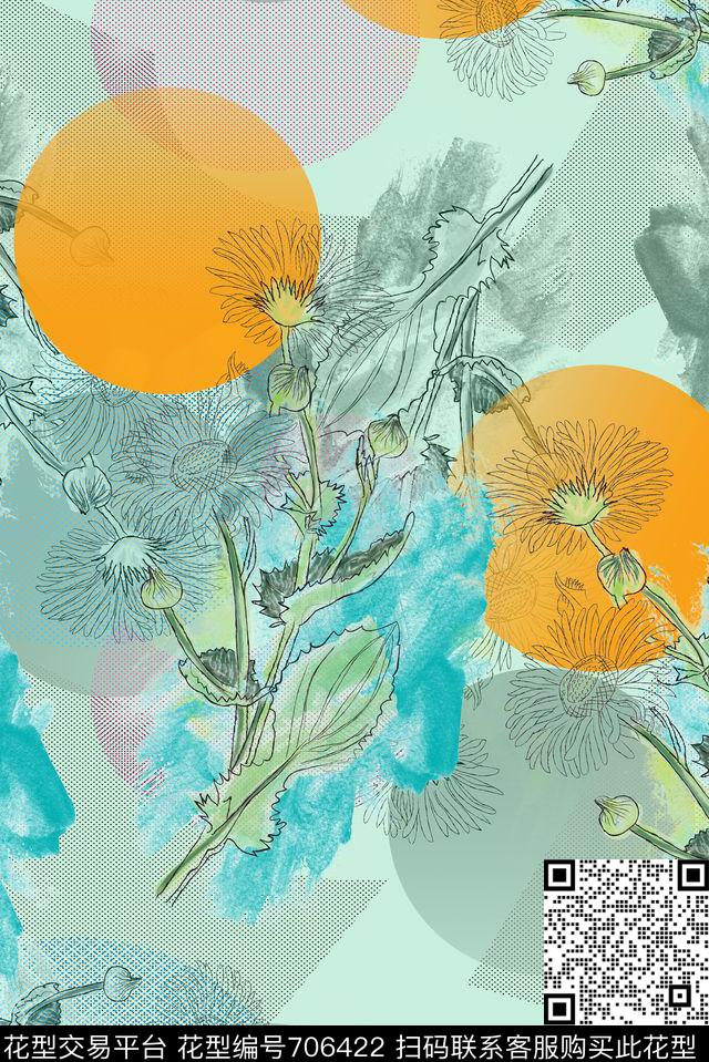 手绘圆形花卉数码印花华亿平台下载（图片编号: 706422） - 瓦栏（Walan）