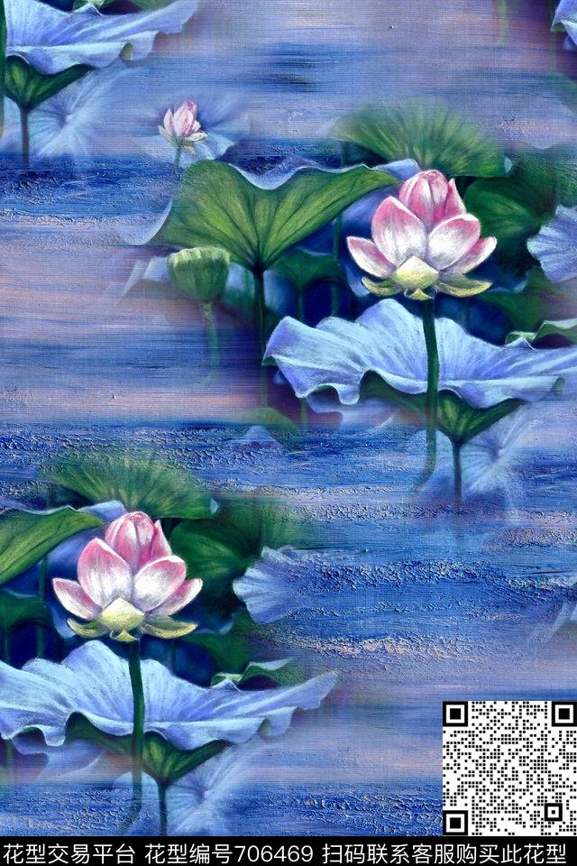 抽象油画荷花数码印花华亿平台下载（图片编号: 706469） - 瓦栏（Walan）