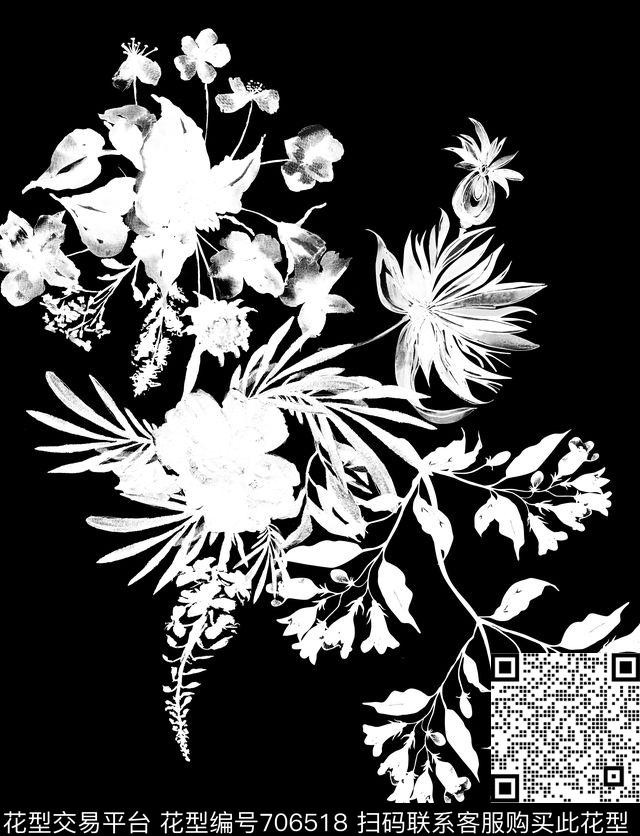 黑白手绘花卉数码印花华亿平台下载（图片编号: 706518） - 瓦栏（Walan）