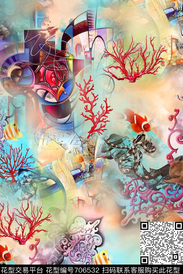 抽象珊瑚油画数码印花华亿平台下载（图片编号: 706532） - 瓦栏（Walan）