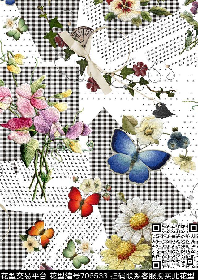 格子花卉蝴蝶数码印花华亿平台下载（图片编号: 706533） - 瓦栏（Walan）
