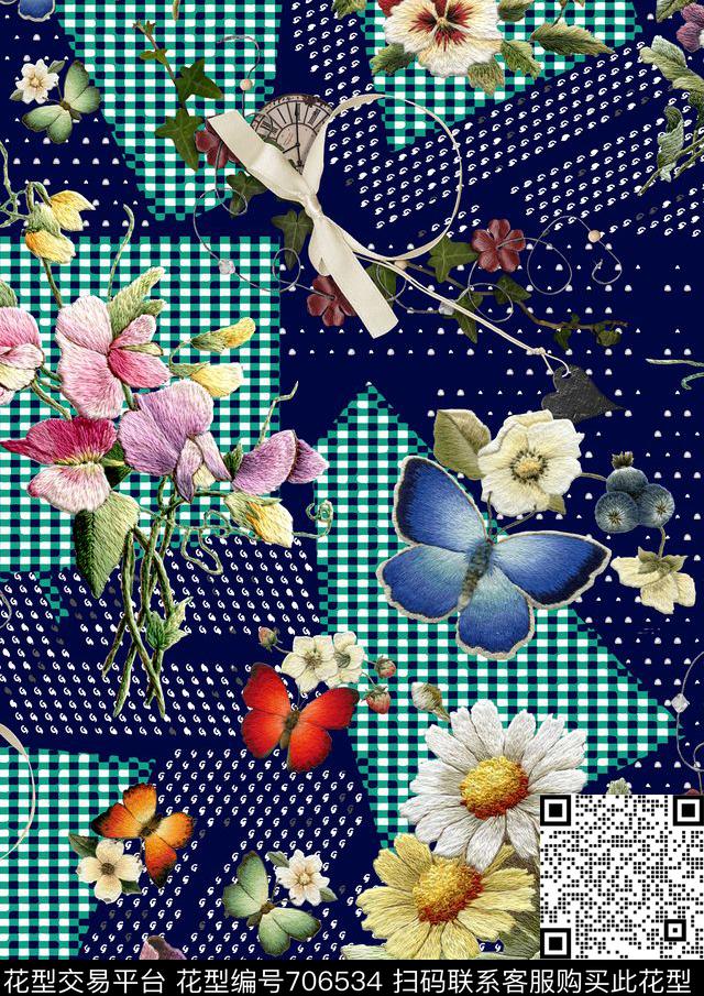 格子花卉蝴蝶数码印花华亿平台下载（图片编号: 706534） - 瓦栏（Walan）