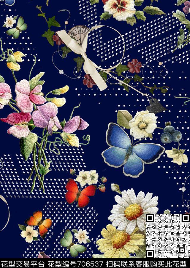 格子花卉蝴蝶数码印花华亿平台下载（图片编号: 706537） - 瓦栏（Walan）