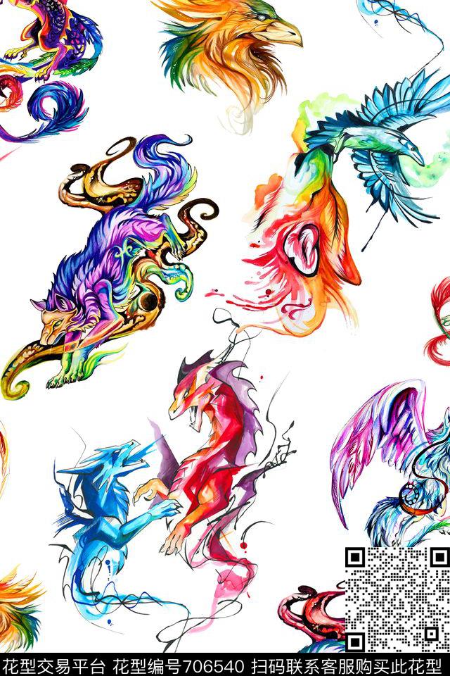 抽象动物水彩数码印花华亿平台下载（图片编号: 706540） - 瓦栏（Walan）