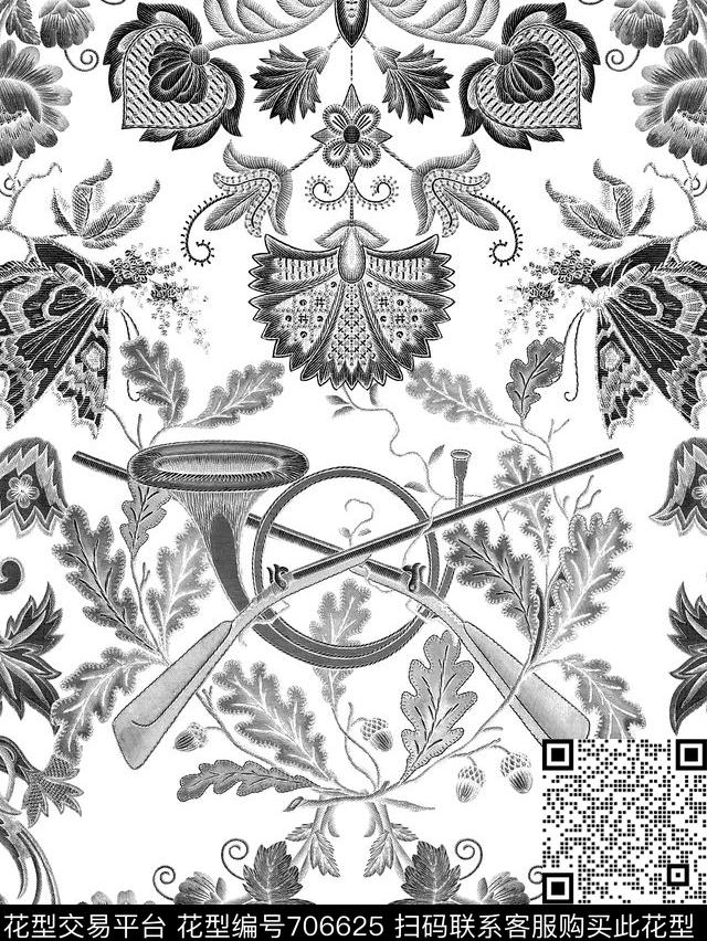 插画风格原创时尚男装奇花异草枪传统印花华亿平台下载（图片编号: 706625） - 瓦栏（Walan）