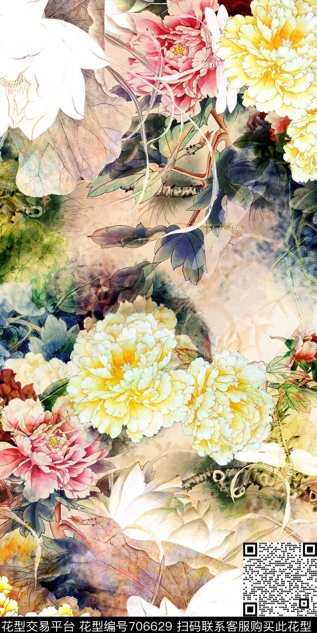 花卉国画水墨中国风数码印花华亿平台下载（图片编号: 706629） - 瓦栏（Walan）