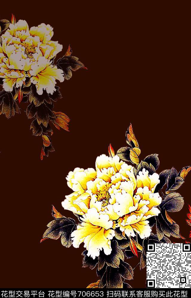 抽象手绘中国风牡丹花数码印花时尚潮流女装裙子旗袍民族风印花花卉花朵印花数码印花华亿平台下载（图片编号: 706653） - 瓦栏（Walan）