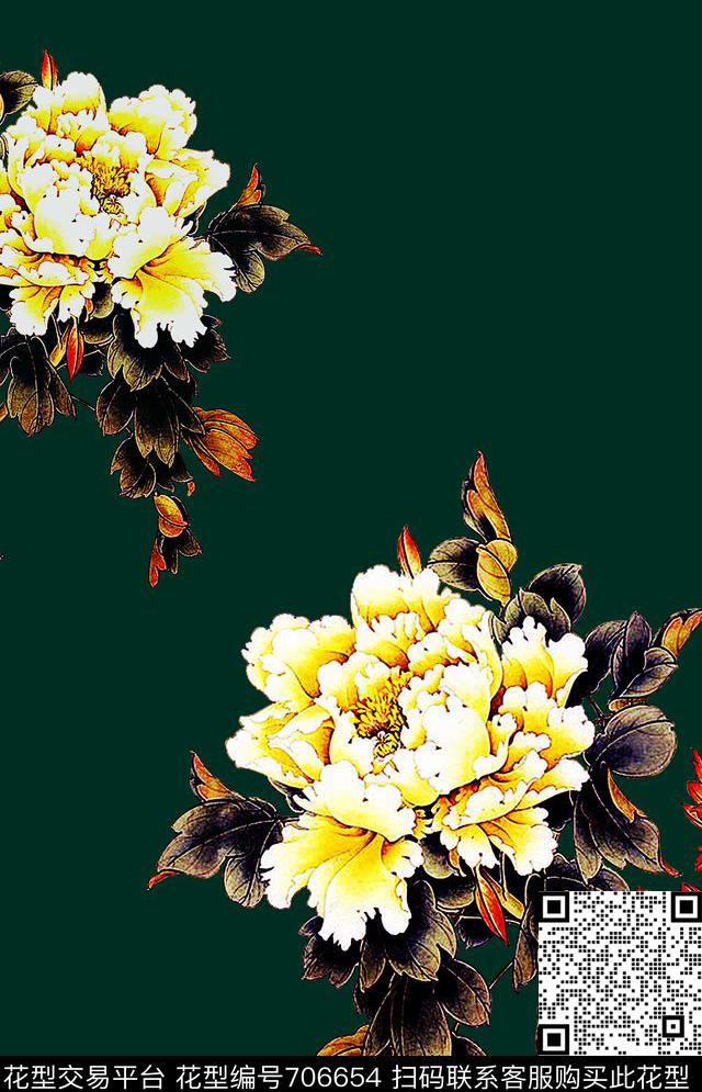 抽象手绘中国风牡丹花数码印花时尚潮流女装裙子旗袍民族风印花花卉花朵印花数码印花华亿平台下载（图片编号: 706654） - 瓦栏（Walan）