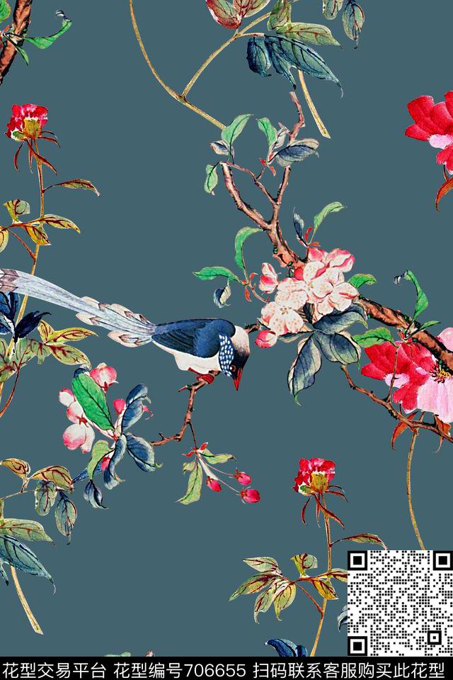 抽象手绘水墨画中国风山水花鸟植物印花是潮流女装裙子旗袍民族风印花时尚大牌女装工笔画印花数码印花华亿平台下载（图片编号: 706655） - 瓦栏（Walan）