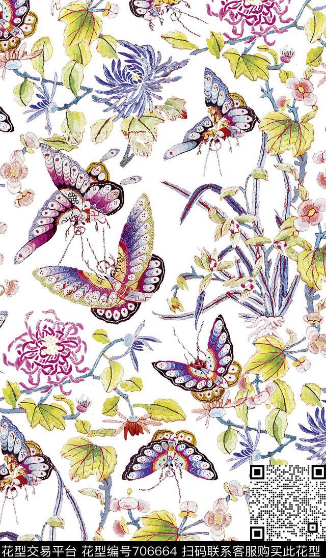 传统花卉蝴蝶数码印花华亿平台下载（图片编号: 706664） - 瓦栏（Walan）