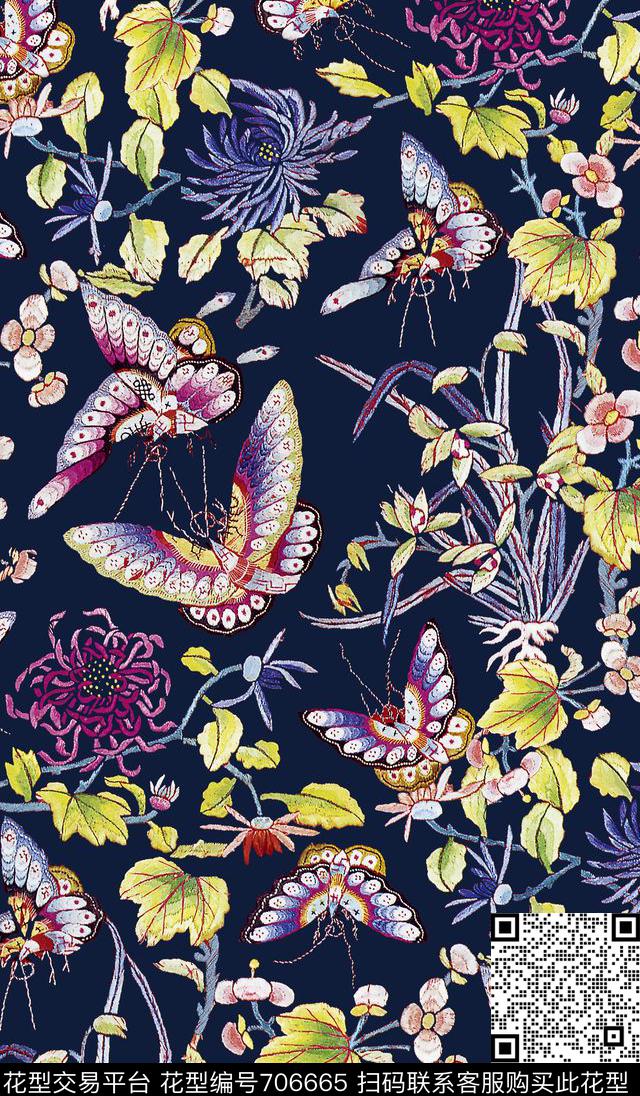 传统花卉蝴蝶数码印花华亿平台下载（图片编号: 706665） - 瓦栏（Walan）