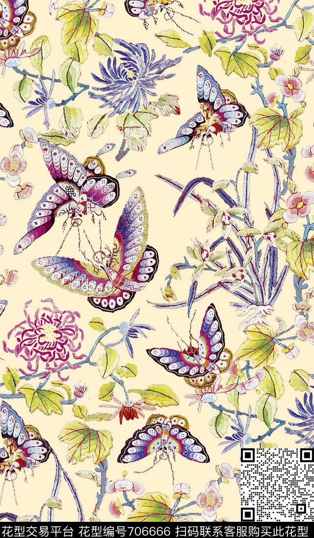 传统花卉蝴蝶数码印花华亿平台下载（图片编号: 706666） - 瓦栏（Walan）