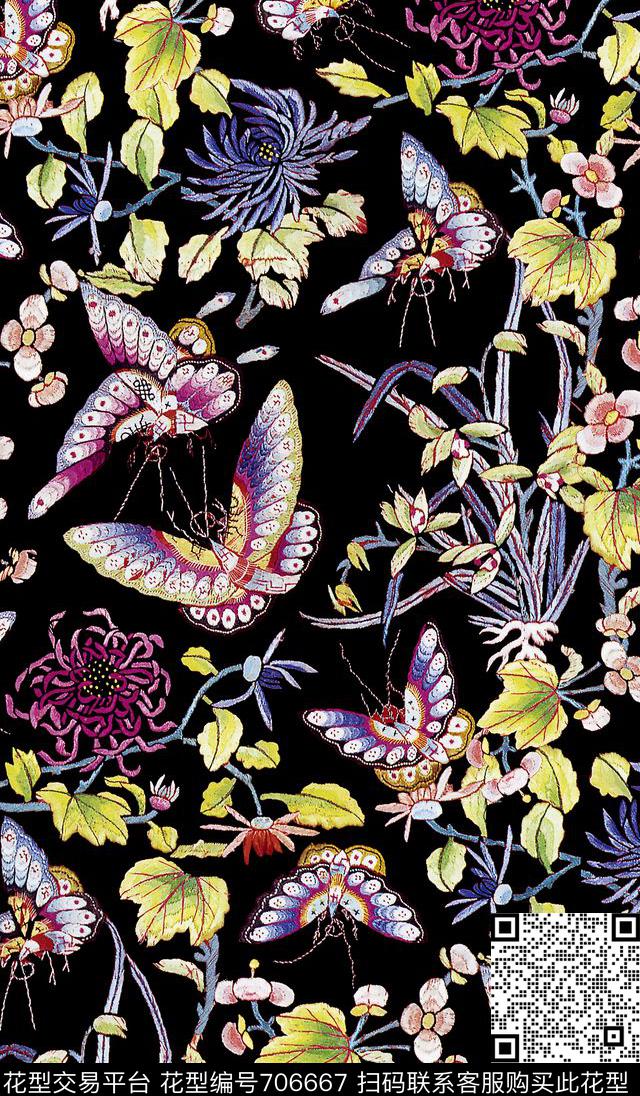 传统花卉蝴蝶数码印花华亿平台下载（图片编号: 706667） - 瓦栏（Walan）