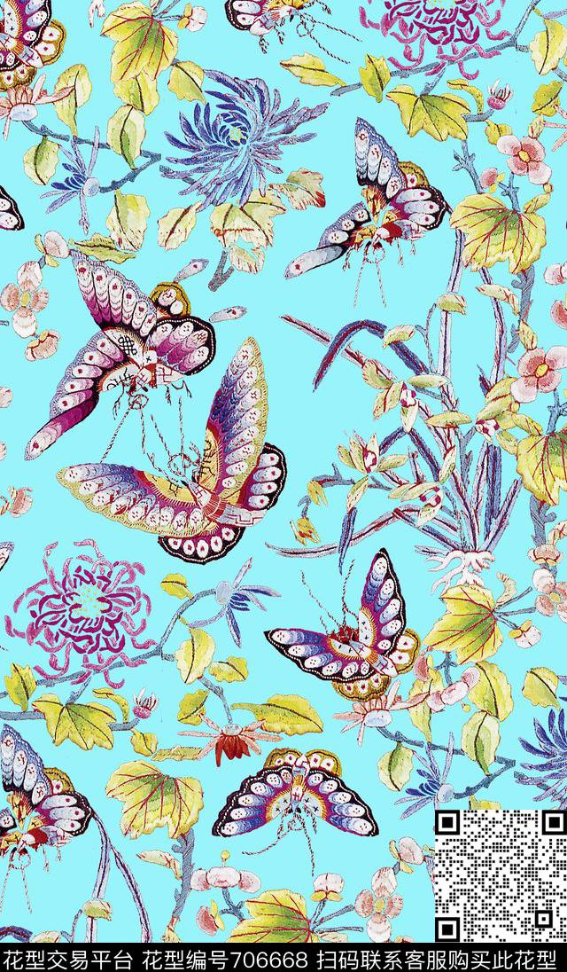 传统花卉蝴蝶数码印花华亿平台下载（图片编号: 706668） - 瓦栏（Walan）