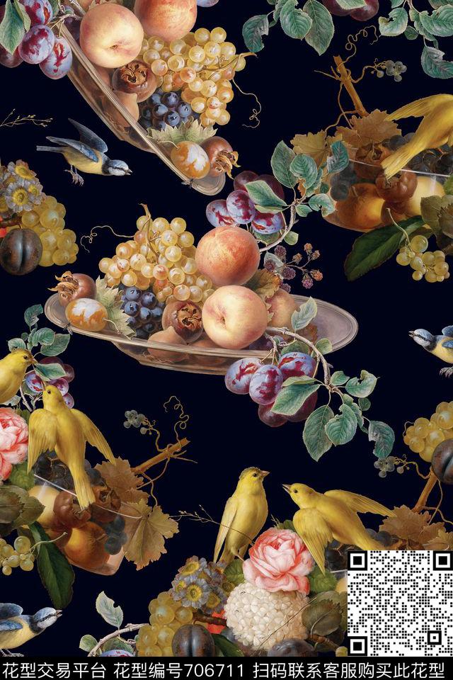花鸟果盘油画数码印花华亿平台下载（图片编号: 706711） - 瓦栏（Walan）