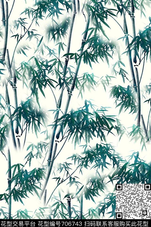 抽象手绘竹子中国风印花时尚潮流女装裙子旗袍印花植物数码印花华亿平台下载（图片编号: 706743） - 瓦栏（Walan）