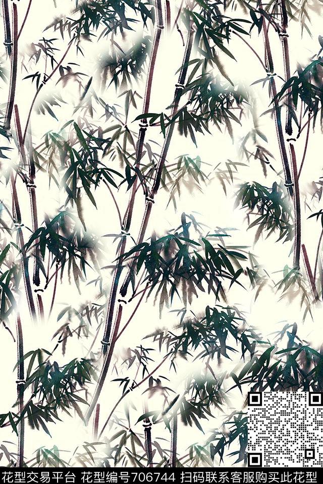 抽象手绘竹子中国风印花时尚潮流女装裙子旗袍印花植物数码印花华亿平台下载（图片编号: 706744） - 瓦栏（Walan）