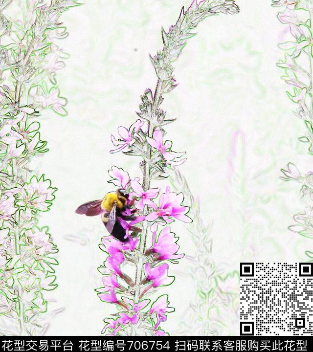 花卉千屈菜蜜蜂数码印花华亿平台下载（图片编号: 706754） - 瓦栏（Walan）