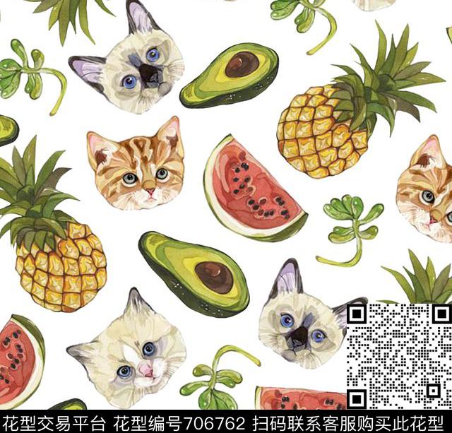 卡通形象小猫头水果多肉花卉凤梨菠萝数码印花华亿平台下载（图片编号: 706762） - 瓦栏（Walan）