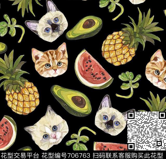 卡通形象小猫头水果多肉花卉凤梨菠萝数码印花华亿平台下载（图片编号: 706763） - 瓦栏（Walan）