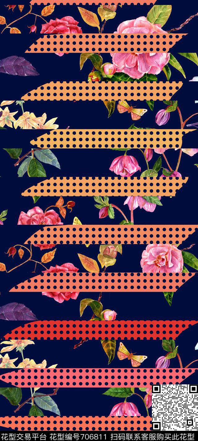花鸟横条圆点数码印花华亿平台下载（图片编号: 706811） - 瓦栏（Walan）