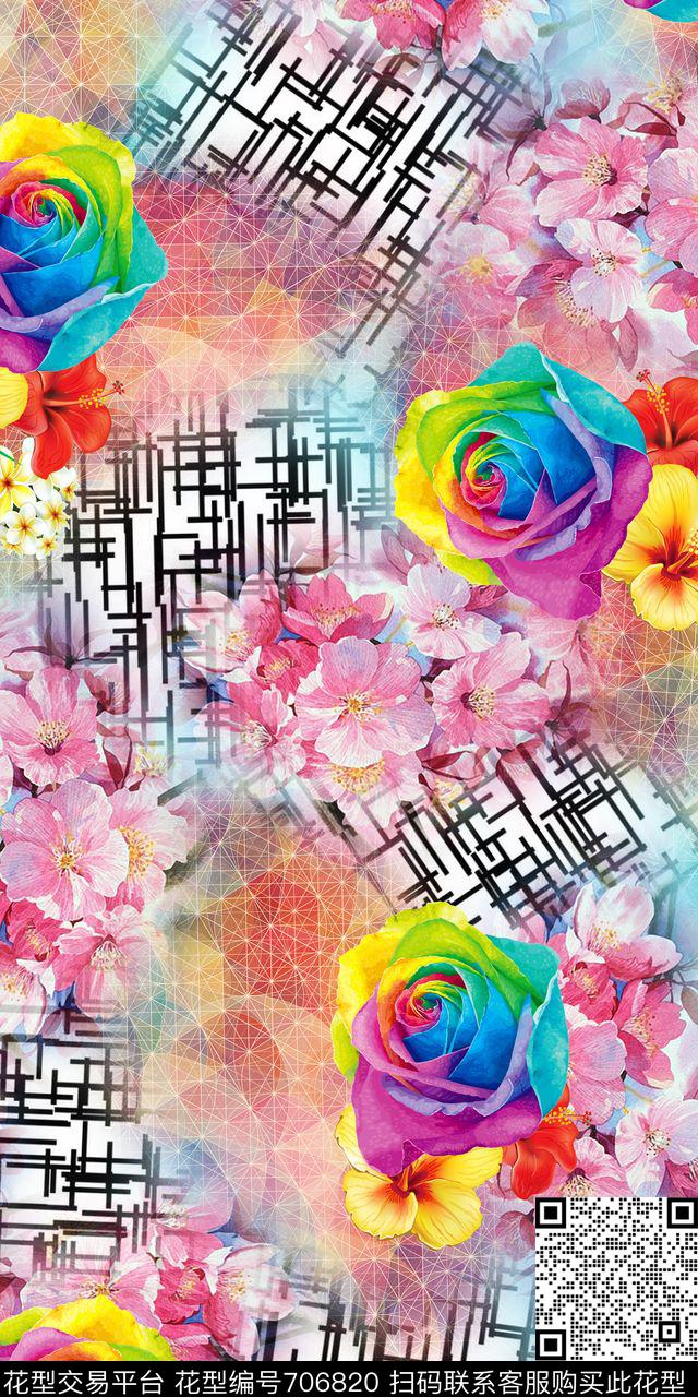 几何水彩花卉玫瑰数码印花华亿平台下载（图片编号: 706820） - 瓦栏（Walan）
