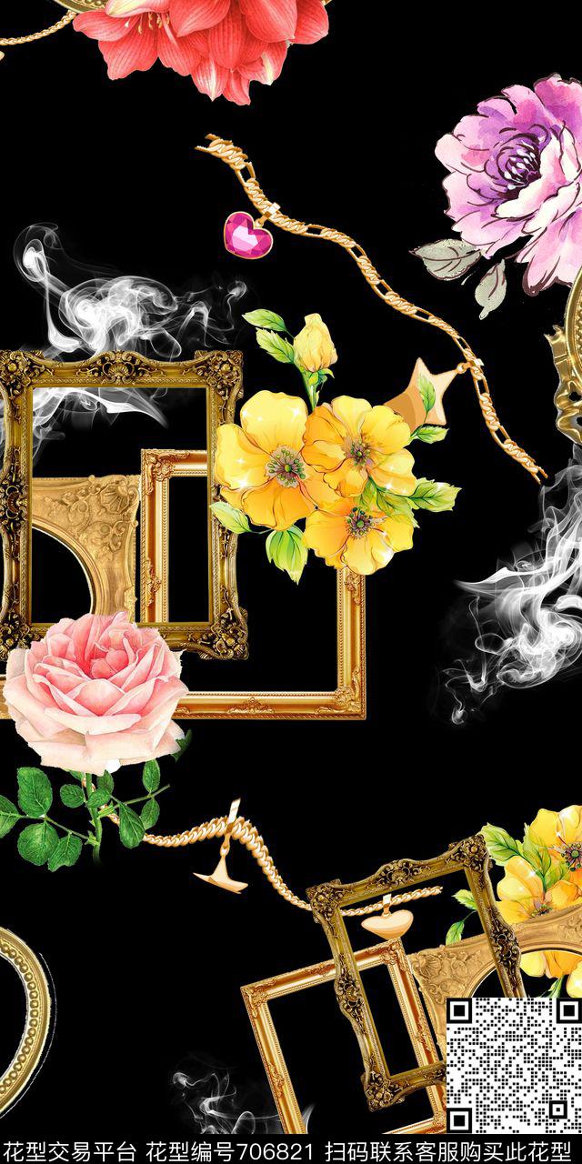 复古相框水波手绘花卉数码印花华亿平台下载（图片编号: 706821） - 瓦栏（Walan）