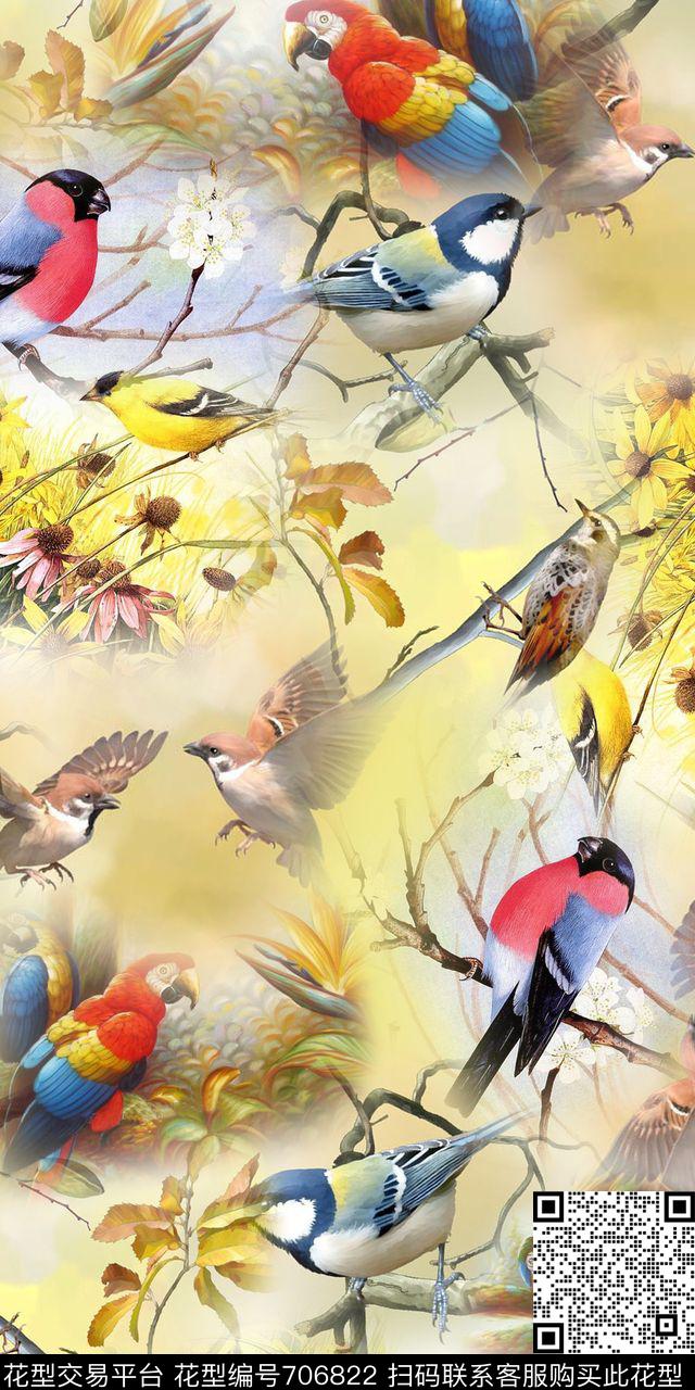 手绘花小鸟风景画数码印花华亿平台下载（图片编号: 706822） - 瓦栏（Walan）
