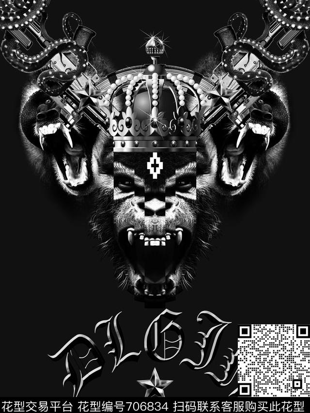 骷髅头猩猩暗黑数码印花华亿平台下载（图片编号: 706834） - 瓦栏（Walan）