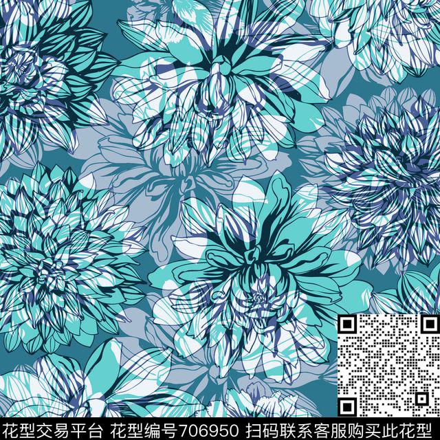 数码几何花卉抽象线条漂亮花卉数码印花华亿平台下载（图片编号: 706950） - 瓦栏（Walan）