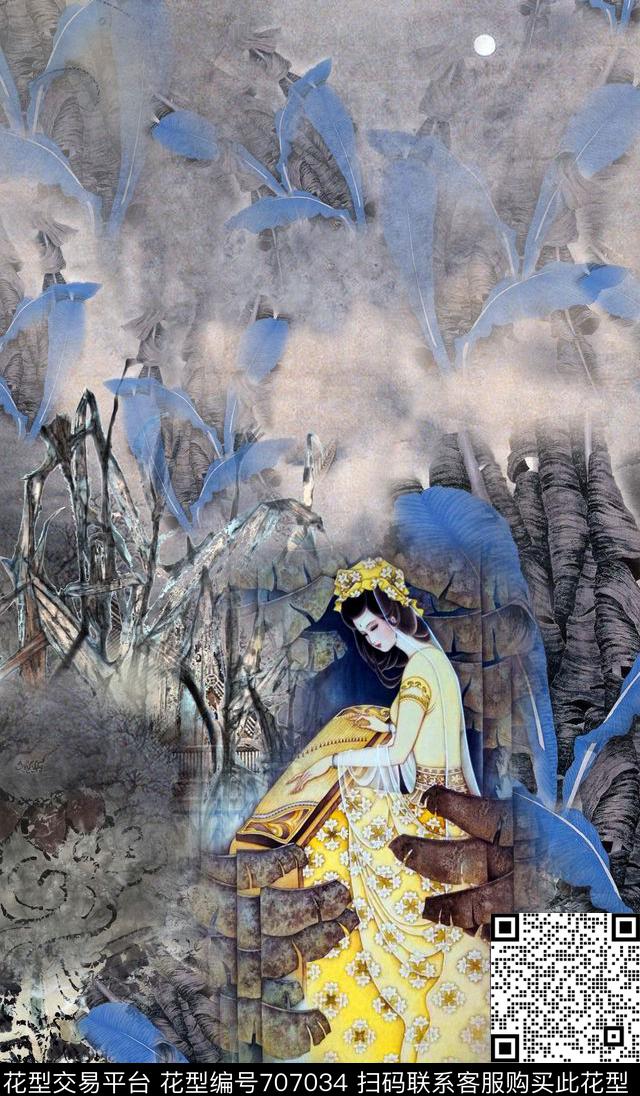 水墨风景人物数码印花华亿平台下载（图片编号: 707034） - 瓦栏（Walan）