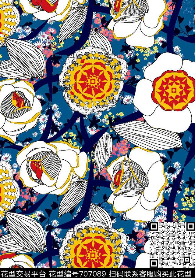 大花缠枝花纹菊花传统印花华亿平台下载（图片编号: 707089） - 瓦栏（Walan）