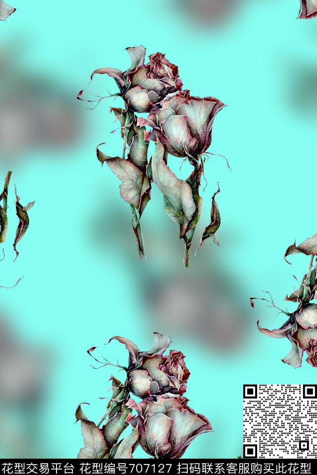抽象手绘复古植物玫瑰花花卉数码印花欧美大牌女装夹克外套印花渐变纹理朦胧印花数码印花华亿平台下载（图片编号: 707127） - 瓦栏（Walan）