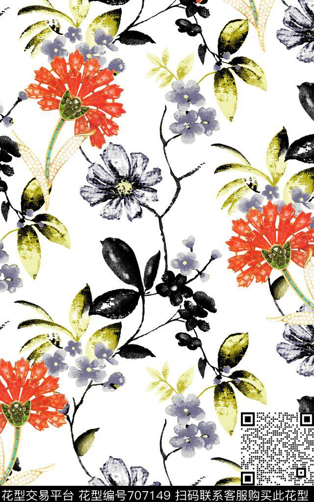 清新花朵珠宝数码印花华亿平台下载（图片编号: 707149） - 瓦栏（Walan）
