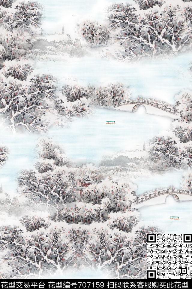 断桥残雪中国风国画风景数码印花华亿平台下载（图片编号: 707159） - 瓦栏（Walan）