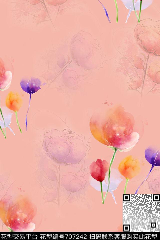 花朵花卉粉色数码印花华亿平台下载（图片编号: 707242） - 瓦栏（Walan）