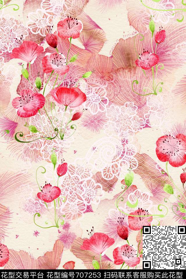 蕾丝碎花花卉数码印花华亿平台下载（图片编号: 707253） - 瓦栏（Walan）