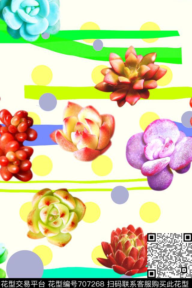 清爽风景夏装清爽大花手绘多肉植物数码印花华亿平台下载（图片编号: 707268） - 瓦栏（Walan）